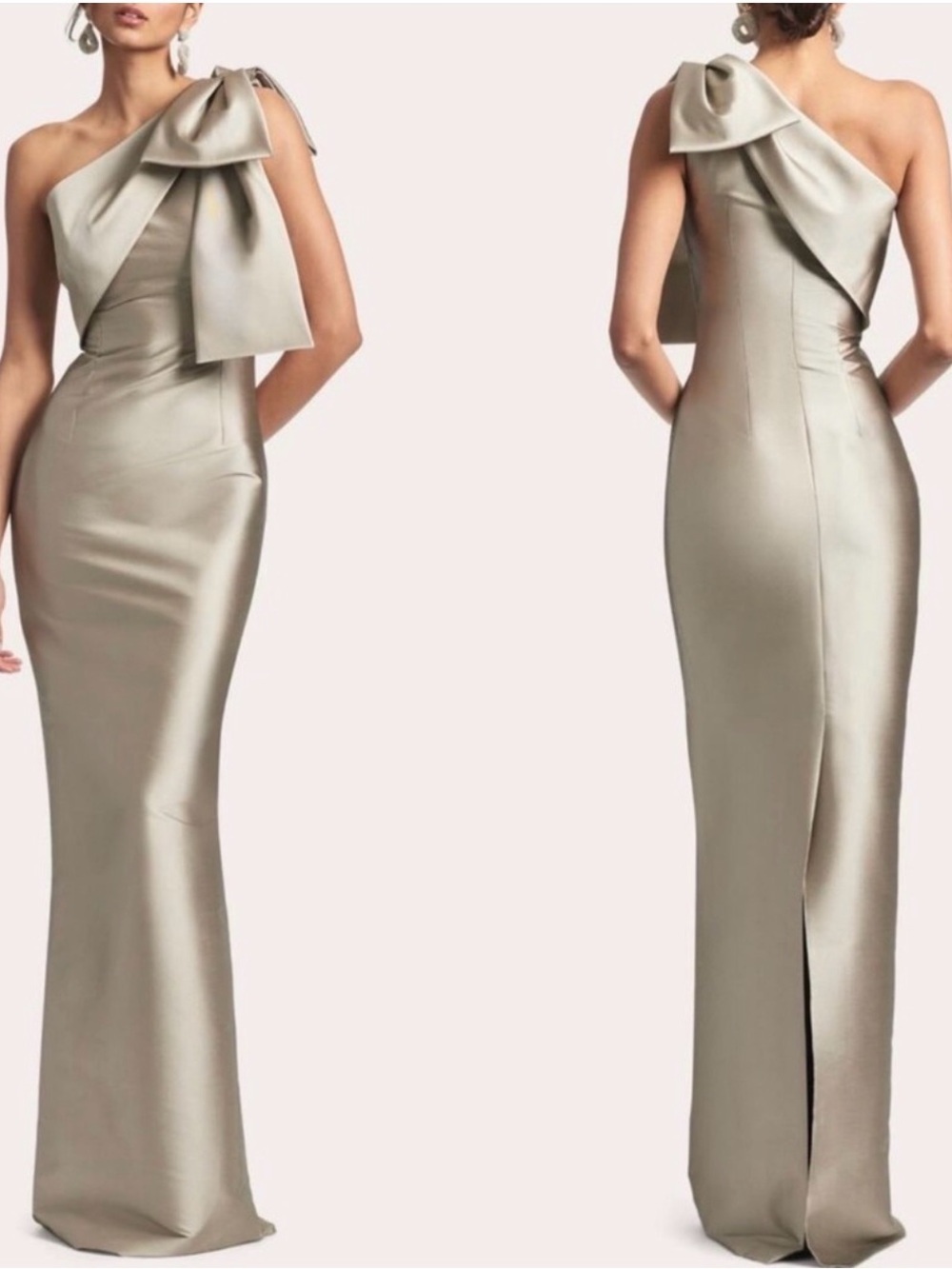 Sachin + Babi One-Shoulder Satin Gown with Sculpted Bow in-Pewter